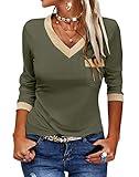 Dyexces Womens Long Sleeve T Shirts Casual V Neck Color Block Tunic Tops Loose Basic Top Army Green