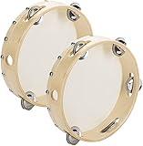 Tosnail Pack of 2 Pieces 7" Wooden Tambourine Hand Held Drum Bell, Single Row 5 Pairs Metal Jingles Percussion Musical Gift Educational Instrument for Kids and Adults