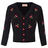 Belle Poque Women's 3/4 Sleeve V-Neck Button Down Cherries Embroidery Cropped Cardigan Sweater Coat Black XL