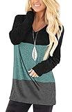 Jescakoo Fall Clothes for Women 2024 V Neck T Shirts Color Block Long Sleeve Green M