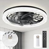 Ceiling Fans with Lights, Socket Fan Light with Remote Control, Dimmable Brightness 3000K-6500K Memory, Socket Modern Flush Mount Low Profile Ceiling Fan for Bedroom, Small Living Room, Kitchen Black