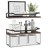 WOPITUES Floating Shelves with Wire Storage Basket, Bathroom Shelves Over Toilet with Protective Metal Guardrail, Wood Wall Shelves for Bathroom, Bedroom, Living Room, Toilet Paper- Dark Brown