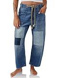 PLNOTME Womens Baggy Barrel Horseshoe Jeans Wide Leg Patchwork Low Rise Denim Pants with Pockets Blue