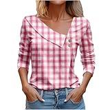 Amazon Outlet Store Clearance Women Women Tops Spring 2024 Long Sleeve V Neck Loose Shirts Plaid Print Asymmetric Button Blouses Business Casual Tunic Red