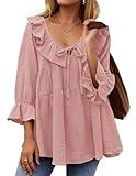 ZESICA Womens Scoop Neck 3/4 Length Sleeve Tops 2024 Casual Tie Front Ruffle Tiered Loose Tunic Shirts Blouses Fall Outfits,Pink,Large