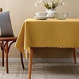 Fennco Styles Woven Solid Color Scalloped Tablecloth 56" Round - Mustand Yellow Wrinkle-Free, Heat-Resistant Washable Table Cover for Everyday Use, Holidays, and Indoor Outdoor Events