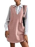 OYOANGLE Women's V Neck Sleeveless Knitted Solid Short Sweater Dress with Pockets Dusty Pink L