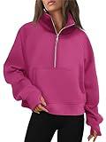 AUTOMET Preppy Clothes Sweatshirts Half Zip Cropped Pullover Fleece Quarter Zipper Hoodies 2024 Fall Fashion Outfits Clothes Thumb Hole Hotpink L