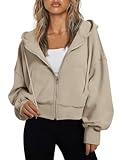 Trendy Queen Hoodies for Women Full Zip Up Cropped Sweatshirts Jackets Casual Comfy Gym Tops Fall Outfits Winter Clothes 2024 Khaki L