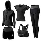 ZETIY Women's 5pcs Sport Suits Fitness Yoga Running Athletic Tracksuits (XL, Black)