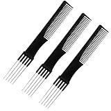 Waldd 3 Packs Teasing Comb with Metal Pick Combs for Women Hair Pick Comb for Hairstylist (3pcs black)