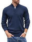 COOFANDY Men's Stand Collar Sweater Knit Henley Long Sleeve Sweater Quarter Button Pullover Knitwear Navy Blue L