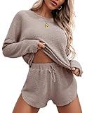 Ekouaer Womens Waffle Knit Pajama Sets Long Sleeve Top and Shorts Matching Lounge Set Sleepwear Loungewear Sweatsuit with Pockets A-Light Khaki Small