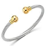 COOLSTEELANDBEYOND Gold Silver Elastic Adjustable Stainless Steel Twisted Wire Cuff Bangle Bracelet for Men Women