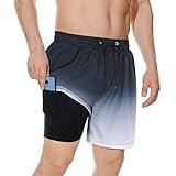 American Trends Mens Beach Short Summer Water Swimsuit for Men Swim Shorts with Compression Liner Bathing Suit Black Grey Gradient L