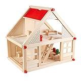 Dollhouse for Kids – Classic Pretend Play 2 Story Wood Playset with Furniture Accessories and Dolls for Toddlers, Boys and Girls by Hey! Play!,Brown