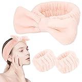 Spa Headband and Wristband Set 3PCS Skincare Headbands Wrist Bands Face Pink Wash Headband Soft Makeup Elastic Facial Makeup Headbands Cute Bow Headband for Women Girl Self Care Must Haves