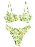 ZAFUL Women's Underwire Bikini Floral High Cut Bikini Set V-Wired Two Piece Swimsuit Bathing Suit (0-Yellow,S)