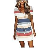 Monday Cyber Women's Summer Casual Tank Dress Round-Neck Short Sleeve T-Shirts Dress Bandage Color Block Stripes Loose Sundresses Sundresses for Women Blue L