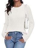 ANRABESS Womens Long Sleeve Cable Knit Sweater Jumper Crewneck Pullover Soft Dressy Casual Tops Cute 2024 Fall Trendy Outfits White Medium