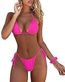 MOSHENGQI Women Sexy Brazilian Bikini 2 Piece Spaghetti Strap Top Thong Swimsuit Bathing Suit(M,0Hot Pink-rose)