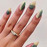 QQPPOLIU Curved Press on Nails Medium Almond Fake Nails Matte Fake Nails Green Line Designs Stick on Nails Acrylic False Nails Gift for Holiday