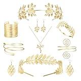 Florideco 9 Pcs Greek Goddess Costume Accessories Set for Women Golden Laurel Leaf Crown Headband Upper Arm Cuff Coil Bracelet Pearl Leaf Dangle Earring Bridal Wedding Headpiece Toga Costume Jewelry