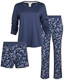 Lucky Brand Women's Pajama Set - 3 Piece Long Sleeve Sleep Shirt, Pajama Pants, Lounge Shorts (S-XL), Size Medium, Denim Blue