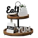 GENMOUS Farmhouse Kitchen Tiered Tray Decor Items Mini Set, Rustic Black and White Kitchen Counter Decor, Two Tiered Tray Kitchen Decor Set for Home Kitchen Dining Room Table Decoration