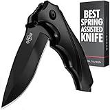 Grand Way Tactical Knife for Men - Black Pocket Knife - Best Spring Assisted Knife with Glass Breaker and Pocket Clip - Cool Folding Knives for Military Work Camping - Birthday Gifts for Dad 6495 B