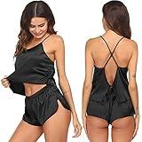 Ekouaer Silk Pajamas Set for Women Satin Backless Lingerie Pjs Cami Top and Shorts Nightwear Black