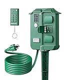 DEWENWILS Outdoor Power Stake Timer Waterproof, 100FT Wireless Remote Control, 6 Grounded Outlets, 6FT Extension Cord, Photocell Dusk to Dawn for Halloween/Christmas Decor Lights, Garden, UL Listed