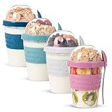 On The Go Cereal Yogurt Cups with Lids and Spoon, Overnight Oats Container, Reusable Parfait Plastic Milk Jar Breakfast Crunch Granola Oatmeal Smoothie Snack Prep Bowl To Take Along (4 Colors Set 2)