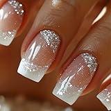 IMRAIN Glitter Press on Nails Short Square Fake Nails White French Nails Tips Bling Full Cover Glossy Glue on Nails Medium Squoval Nude Artificial False Nails for Women 24Pcs