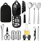 AOFUXTI Camping Cooking Utensils Set - Camping Kitchen Equipment, Compact and Portable Camper Accessories, Perfect for Travel, Picnic, RV, Camping, BBQ, Party (15pcs-Black)