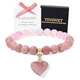 Vinswet Healing Crystal Beaded Bracelets for Women,Natural Pink Rose Quartz Gemstones Bracelet,Anxiety Stress Relief Heart Charm Bracelet Handmade Jewelry Gifts for Women