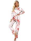 Ekouaer Women's Classic Button Down Long Satin Silk Pajama Set,Small,Pink Floral