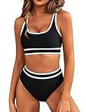 BMJL Women's High Waisted Bikini Sets Sporty Two Piece Swimsuits Color Block Cheeky High Cut Bathing Suits(M,Black)