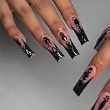 IMRAIN Black Press on Nails Long Square Fake Nails French Tips Rhinestone False Nails Glossy Glue on Nails Full Cover Squoval Acrylic Nails for Women 24Pcs Handmade Reusable Stick on Nails Kit