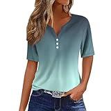 Summer Tops for Women 2024 Vacation Trendy Button V Neck T-Shirts Casual Short Sleeve Shirts Plus Size Boho Graphic Tees Spring Fashion Dressy Blouses Comfy Western Clothes(A Cyan,Medium)