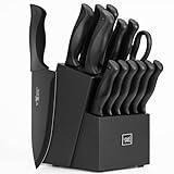 Knife Sets for Kitchen with Block, HUNTER.DUAL 15 Pcs Kitchen Knife Set with Block Self Sharpening, Dishwasher Safe, Anti-slip Handle, Black