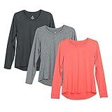 icyzone Long Sleeve Workout Shirts for Women - 3 Pack Athletic T Shirt, Running Exercise Yoga Tops (Black Melange/Charcoal/Coral, M)