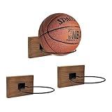 GENMOUS Set of 3 Wood Basketball Holder Wall Mount Display for Boys Room Decor, Metal Ball Rack Display Stand for Basketball Football Volleyball Storage, Basketball Rack Sports Decor for Boys Bedroom