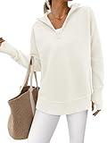 PRETTYGARDEN Womens Long Sleeve Quarter Zip Pullover Sweater Casual Loose V Neck Collared Ribbed Knit Jumper Tops Thumb Hole(Beige White,Small)