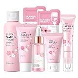 Skin Care Set Sakura Women Beauty Gift Sets Korean Skin Care Kit- Cleanser,Serum,Face Cream,Toner,Eye Cream,Mud Mask-Skin Care Routine Kit (One Size, Cherry Blossom-StyleA-Bae Moisturizing)