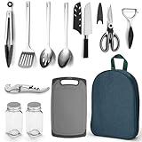 Evanda Camping Kitchen Cooking Utensil Set 10 Piece, Stainless Steel Outdoor Cooking and Grilling Utensil Organizer Travel Set Perfect for Travel, Camping, RVs, BBQs, Picnics, Parties and More