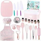 JoyTown Kids Cooking and Baking Set with Storage Case –Complete Cooking Supplies for The Junior Chef with Cookbook, Knives, Timer, Kids Baking Kit for Girls & Boys – Real Utensils Accessories - Pink