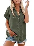 Womens Button Down Casual Shirts Cotton Short Sleeve Blouses Solid Summer Tops with Pocket Army Green