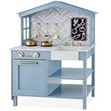 Best Choice Products Farmhouse Play Kitchen Toy, Wooden Pretend Set for Kids w/Chalkboard, Marble Backdrop, Windows, Storage Shelves, 5 Accessories Included - Beveled Blue