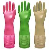 Bamllum 3 Pairs of Rubber Dishwashing Gloves for Kitchen and Household Cleaning – Long Cuff 15", Reusable, Flexible Long-lasting and Non-Slip (Red+Yellow+Green, Large)